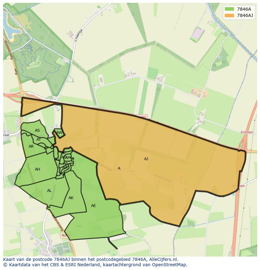 Afbeelding van het postcodegebied 7846 AJ op de kaart.