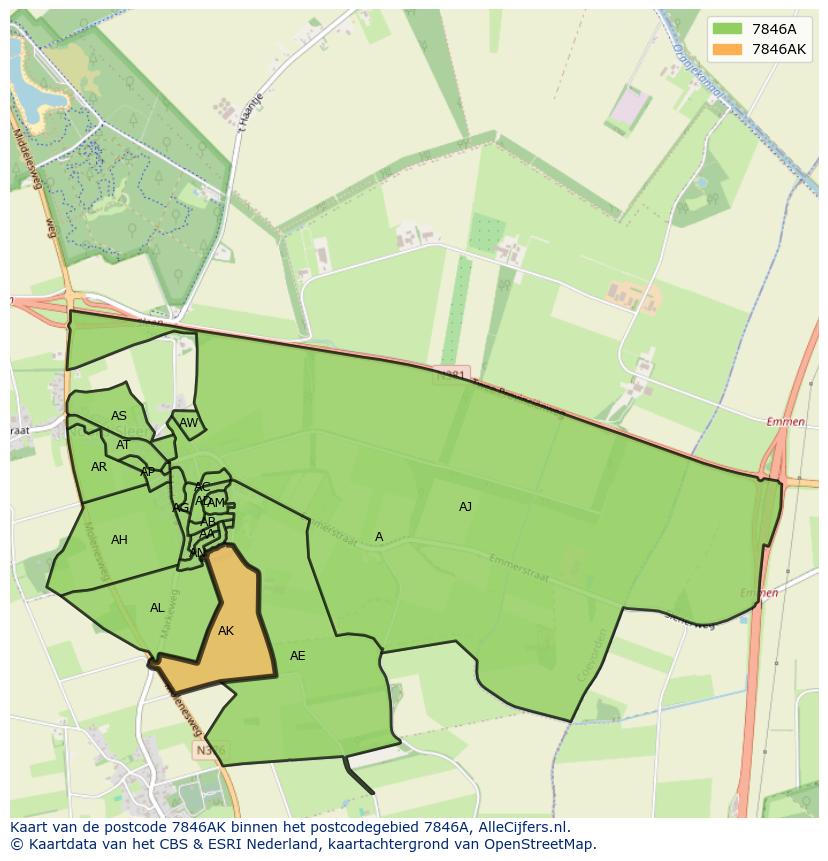 Afbeelding van het postcodegebied 7846 AK op de kaart.