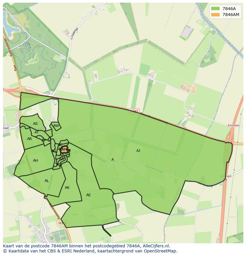Afbeelding van het postcodegebied 7846 AM op de kaart.