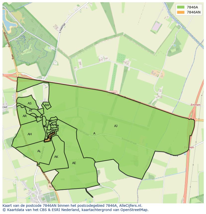 Afbeelding van het postcodegebied 7846 AN op de kaart.