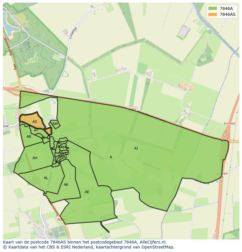 Afbeelding van het postcodegebied 7846 AS op de kaart.
