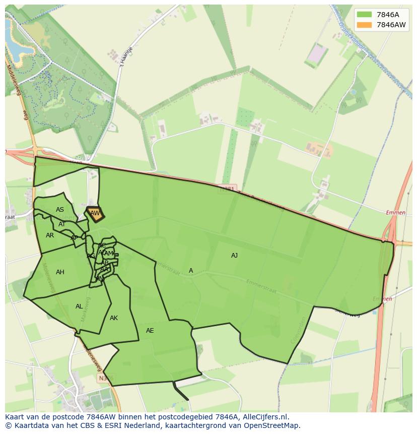 Afbeelding van het postcodegebied 7846 AW op de kaart.
