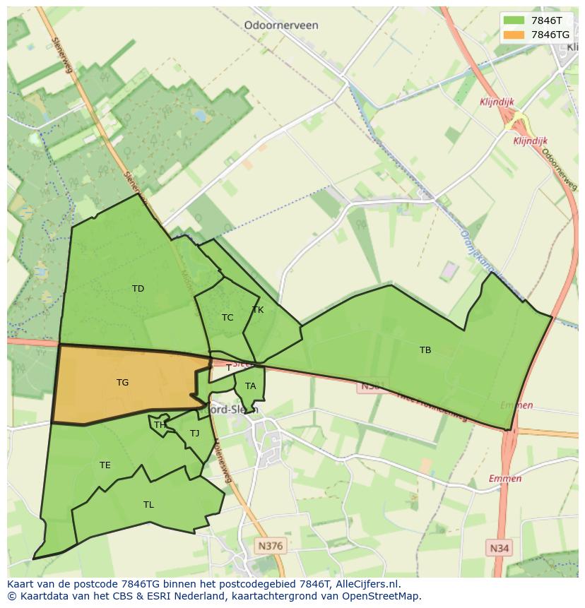 Afbeelding van het postcodegebied 7846 TG op de kaart.