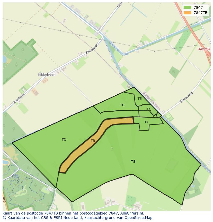 Afbeelding van het postcodegebied 7847 TB op de kaart.