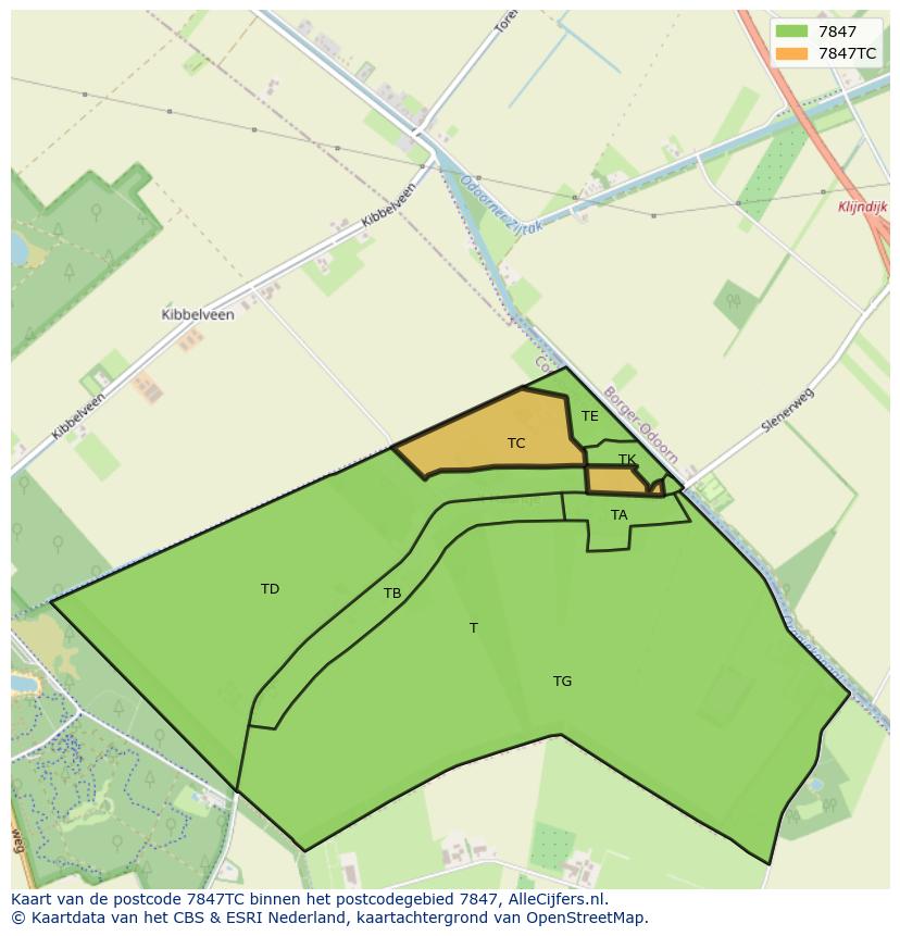 Afbeelding van het postcodegebied 7847 TC op de kaart.