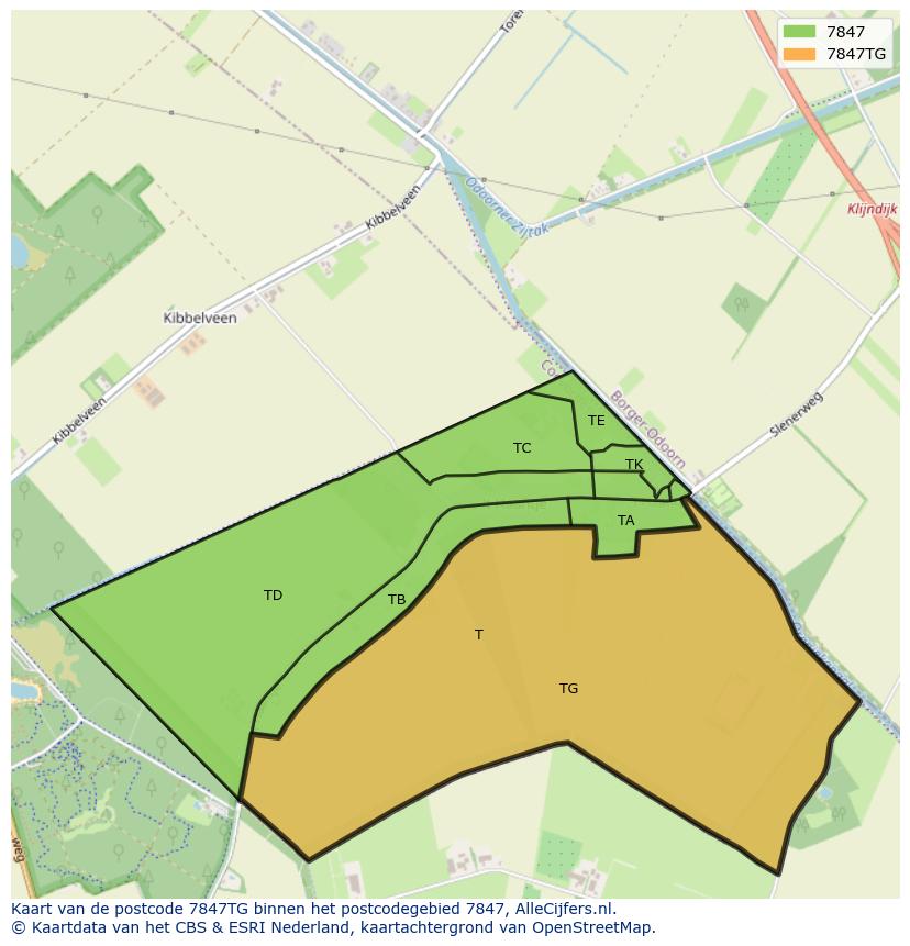 Afbeelding van het postcodegebied 7847 TG op de kaart.