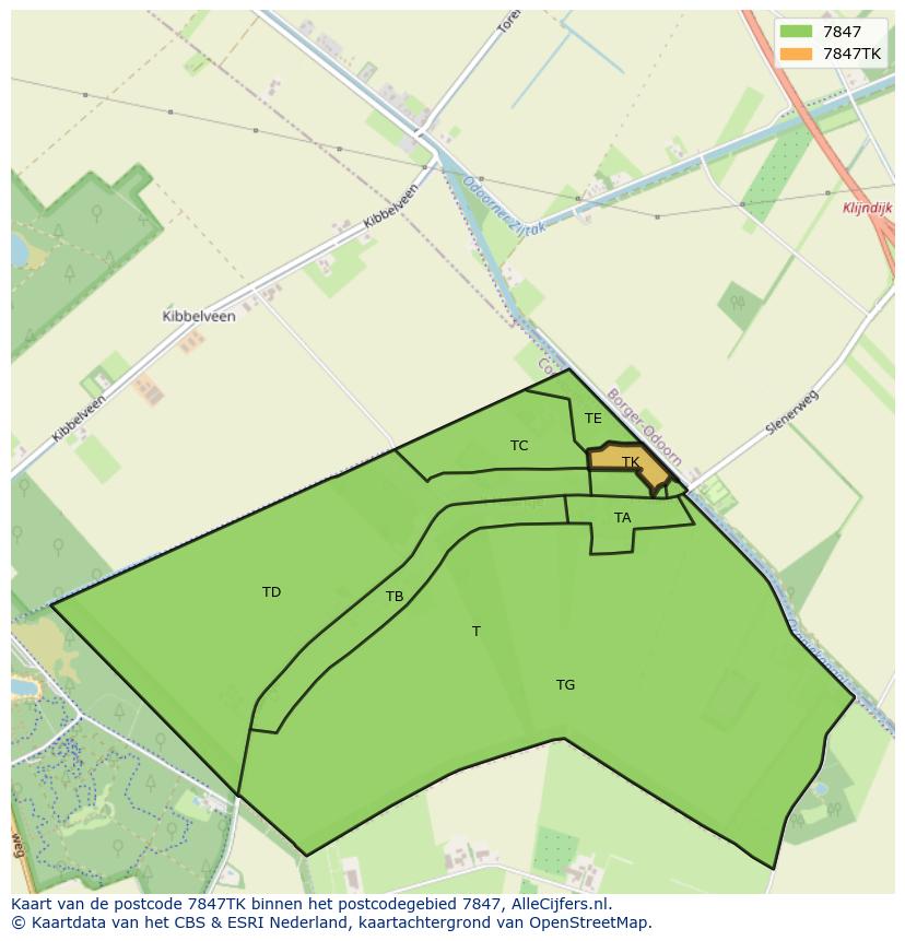 Afbeelding van het postcodegebied 7847 TK op de kaart.