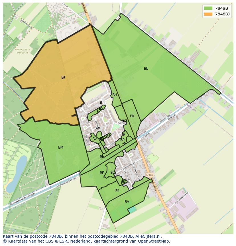 Afbeelding van het postcodegebied 7848 BJ op de kaart.