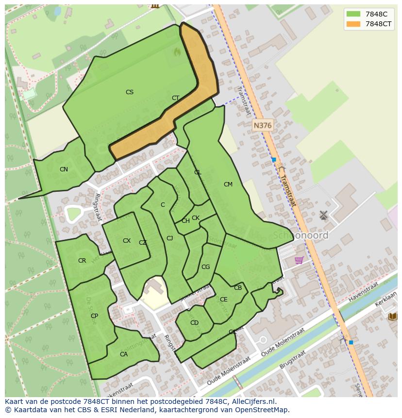 Afbeelding van het postcodegebied 7848 CT op de kaart.