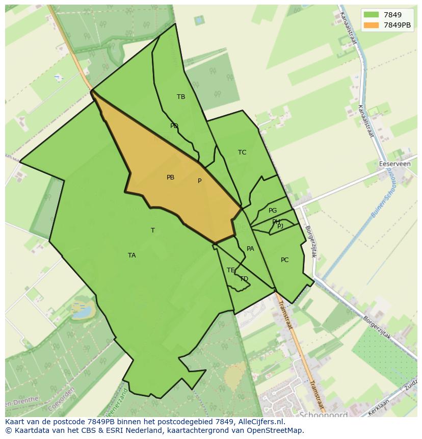 Afbeelding van het postcodegebied 7849 PB op de kaart.