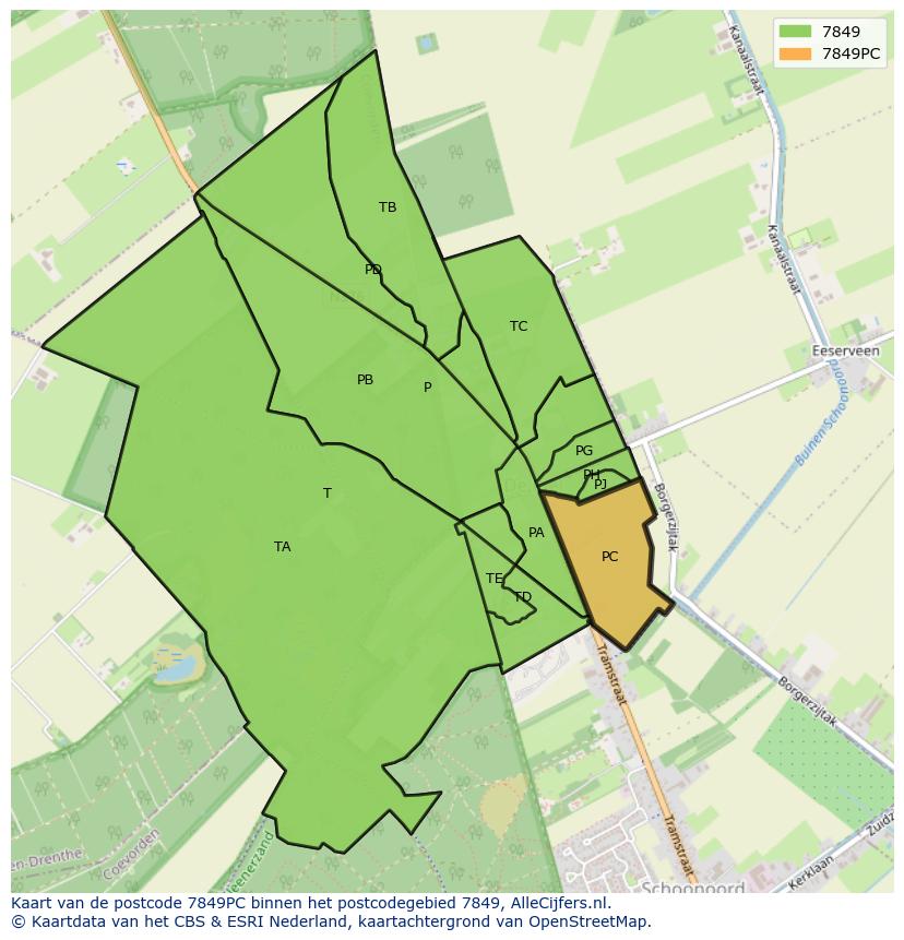 Afbeelding van het postcodegebied 7849 PC op de kaart.