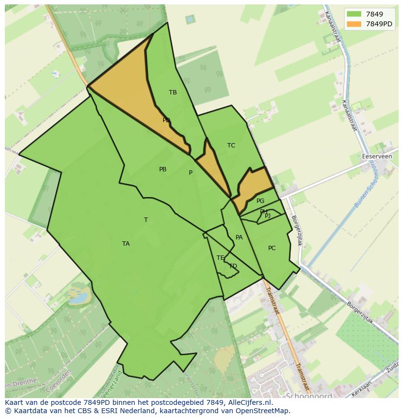Afbeelding van het postcodegebied 7849 PD op de kaart.