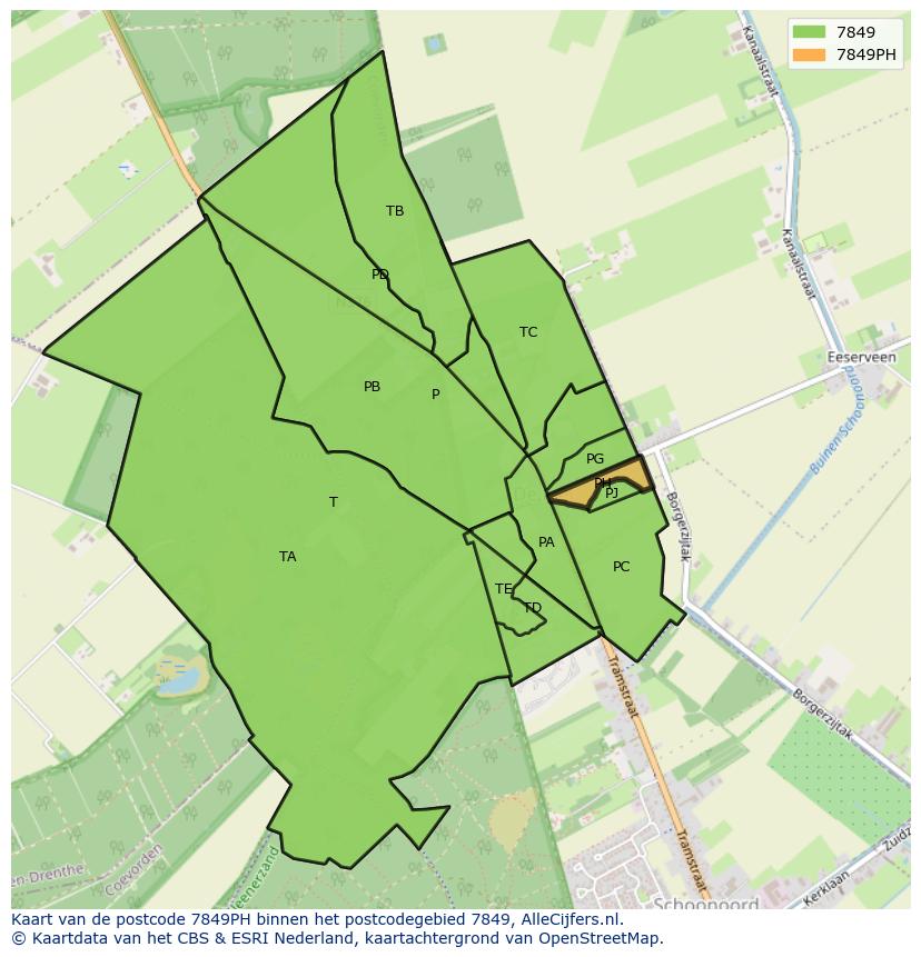 Afbeelding van het postcodegebied 7849 PH op de kaart.