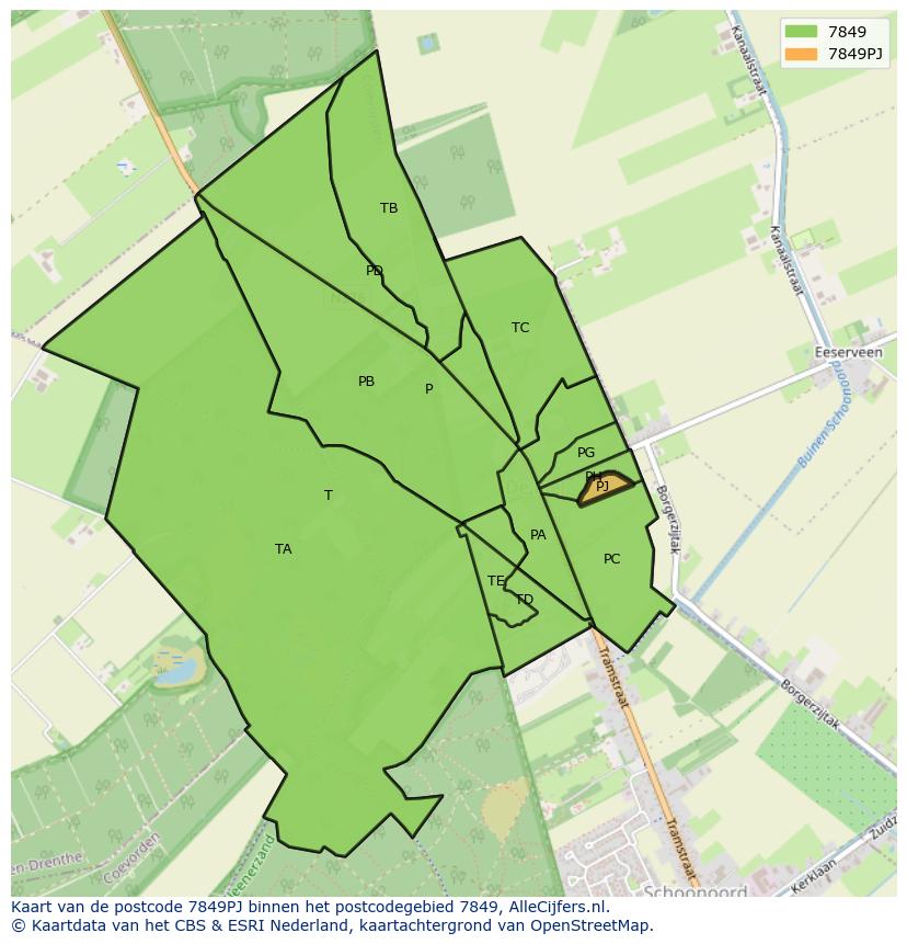 Afbeelding van het postcodegebied 7849 PJ op de kaart.