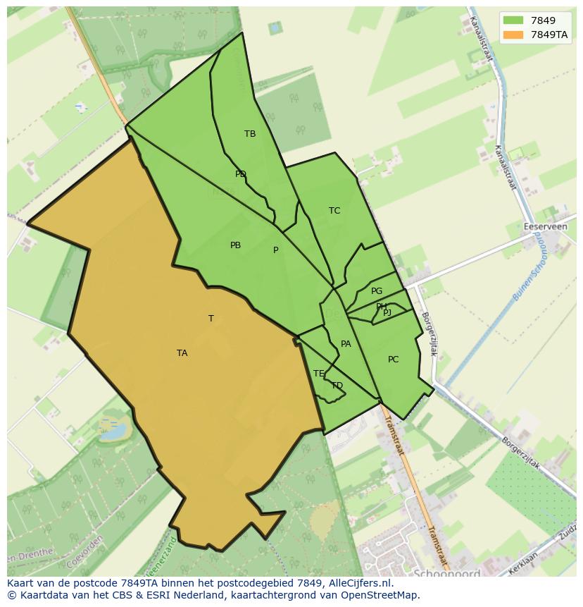 Afbeelding van het postcodegebied 7849 TA op de kaart.