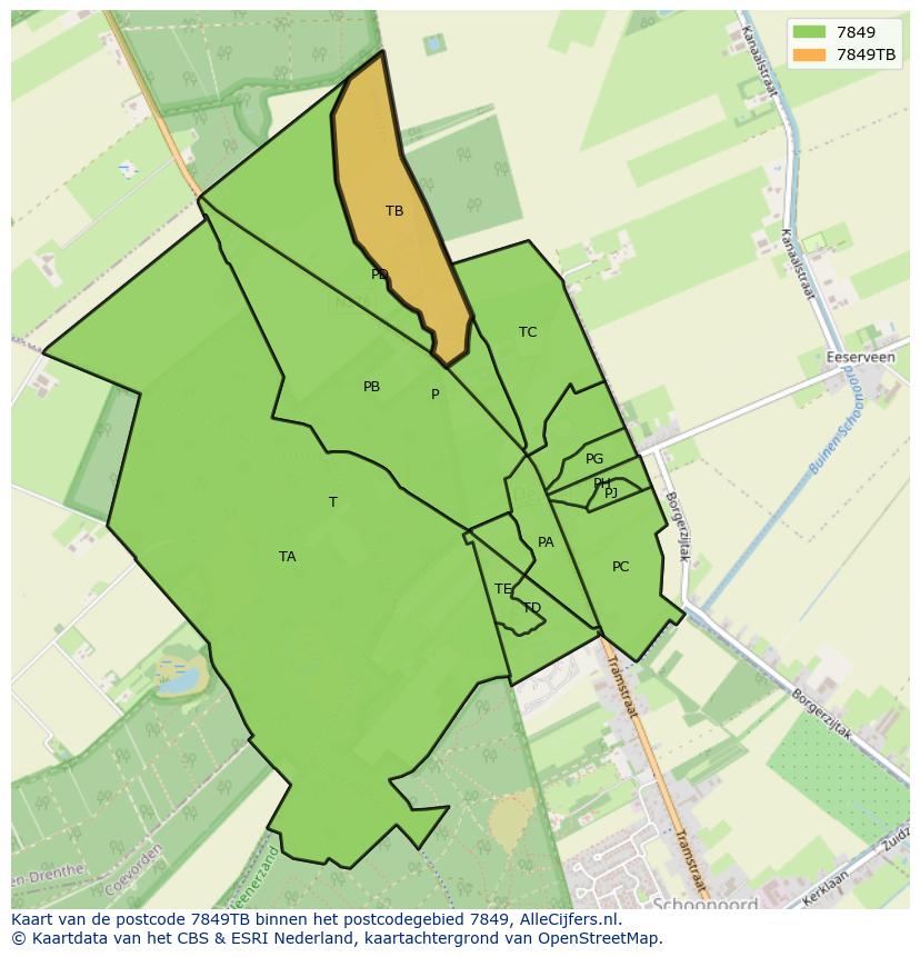 Afbeelding van het postcodegebied 7849 TB op de kaart.