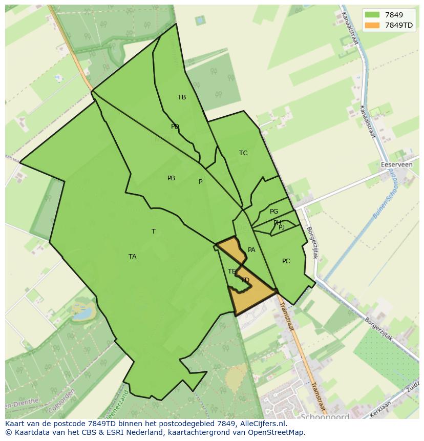 Afbeelding van het postcodegebied 7849 TD op de kaart.