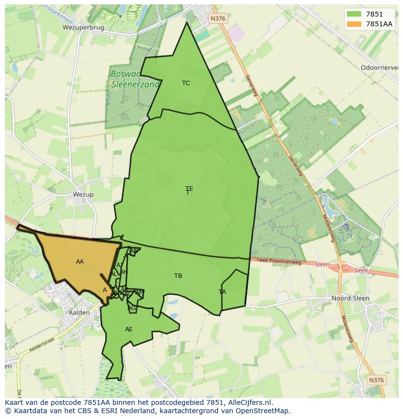 Afbeelding van het postcodegebied 7851 AA op de kaart.