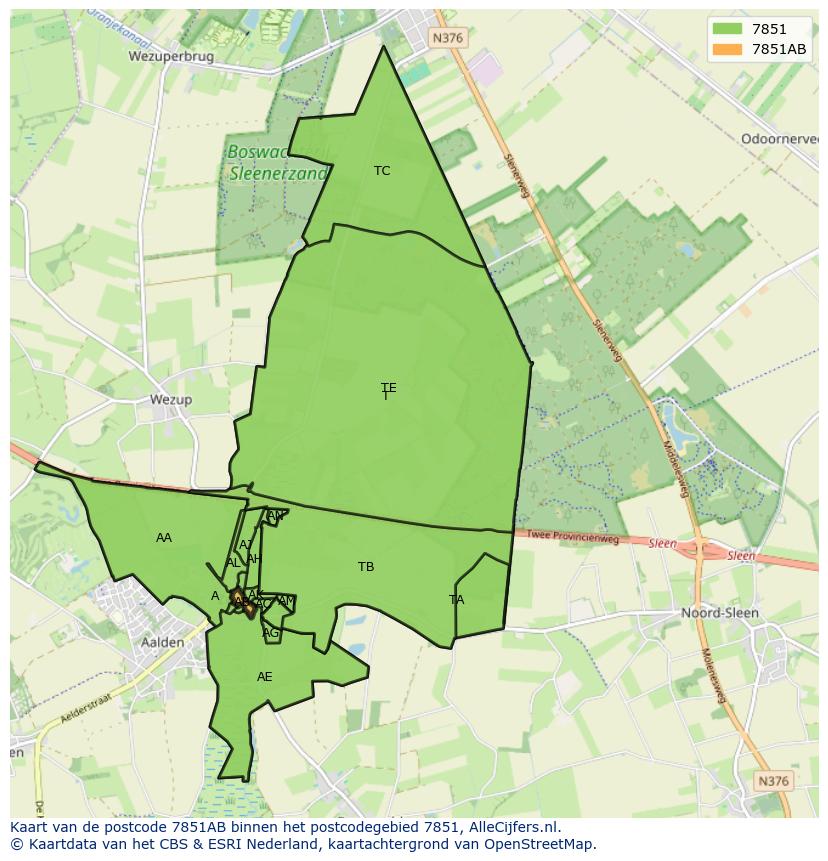 Afbeelding van het postcodegebied 7851 AB op de kaart.