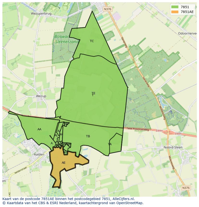 Afbeelding van het postcodegebied 7851 AE op de kaart.
