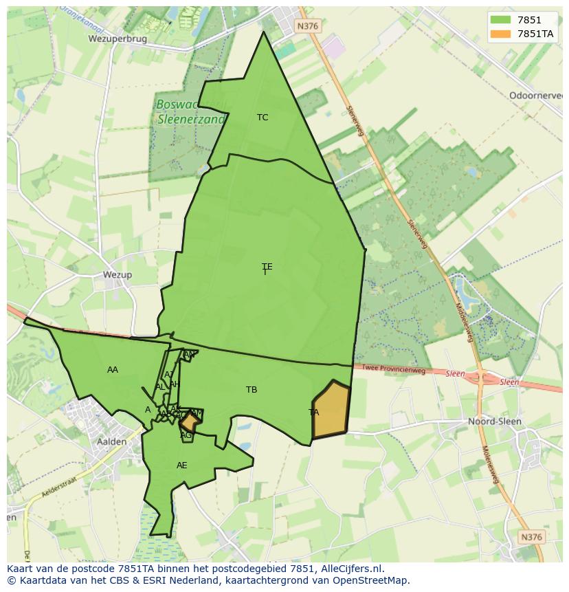 Afbeelding van het postcodegebied 7851 TA op de kaart.