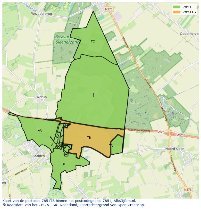 Afbeelding van het postcodegebied 7851 TB op de kaart.