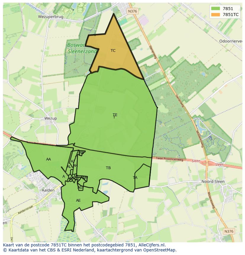Afbeelding van het postcodegebied 7851 TC op de kaart.