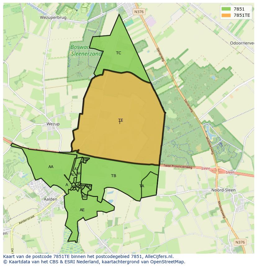 Afbeelding van het postcodegebied 7851 TE op de kaart.