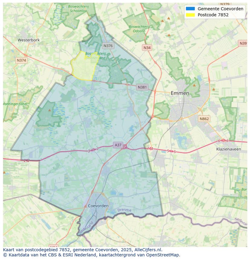 Afbeelding van het postcodegebied 7852 op de kaart.