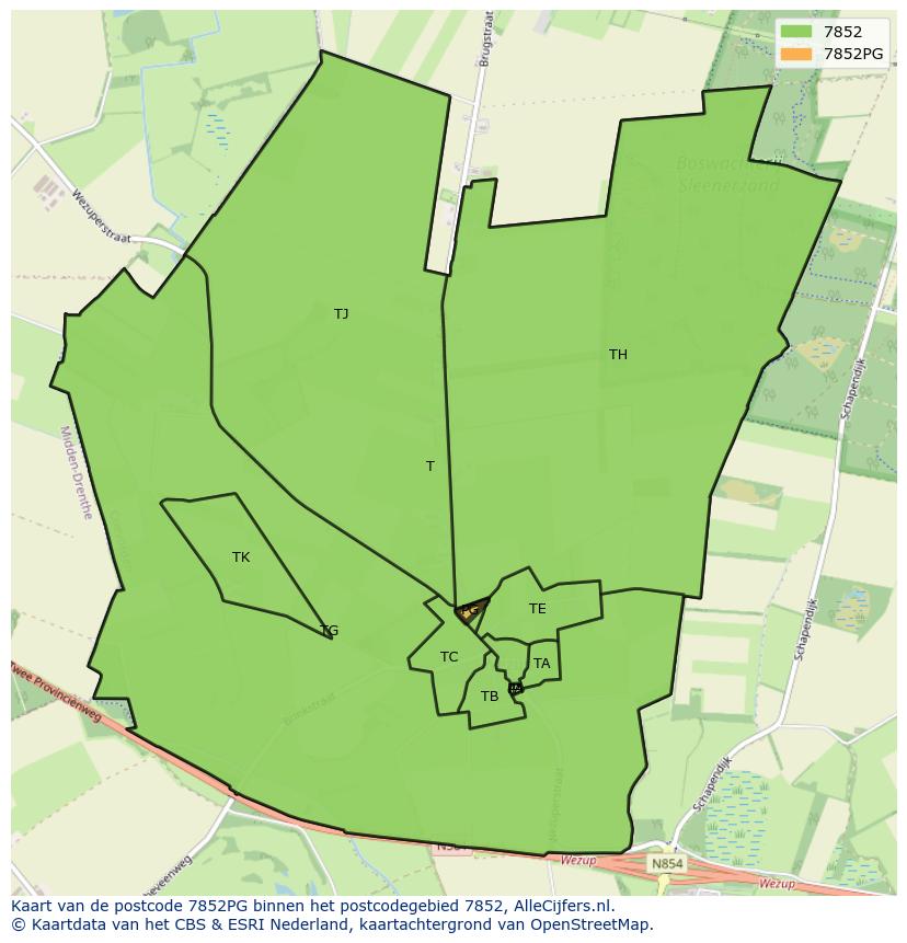 Afbeelding van het postcodegebied 7852 PG op de kaart.