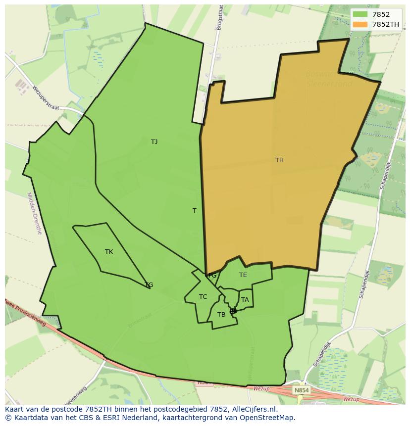 Afbeelding van het postcodegebied 7852 TH op de kaart.