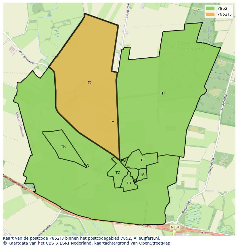 Afbeelding van het postcodegebied 7852 TJ op de kaart.