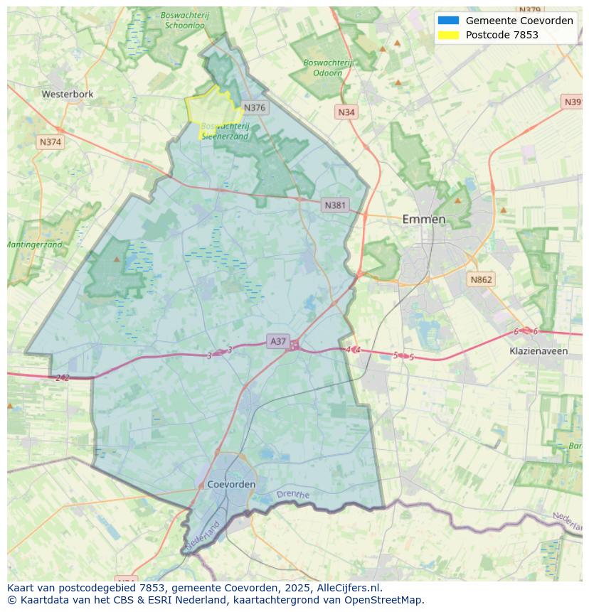 Afbeelding van het postcodegebied 7853 op de kaart.