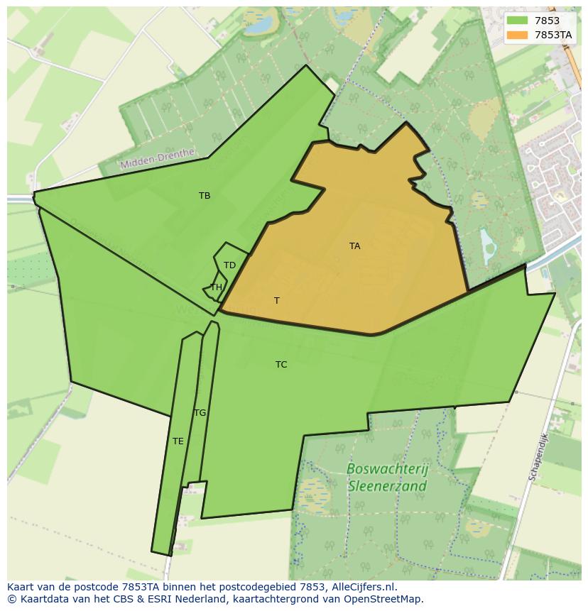 Afbeelding van het postcodegebied 7853 TA op de kaart.