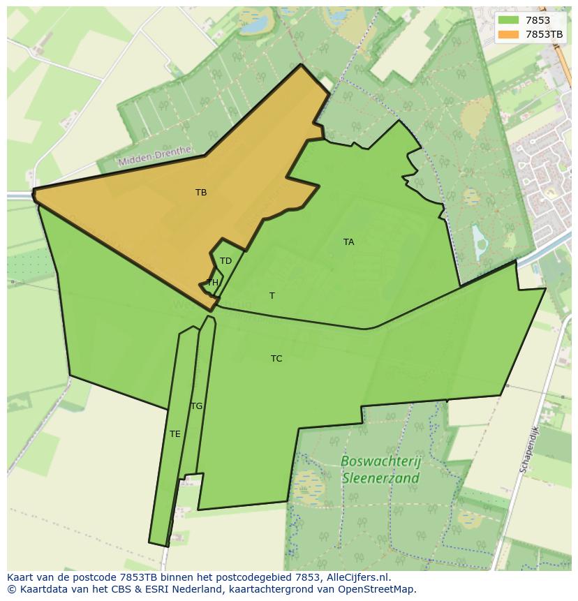 Afbeelding van het postcodegebied 7853 TB op de kaart.