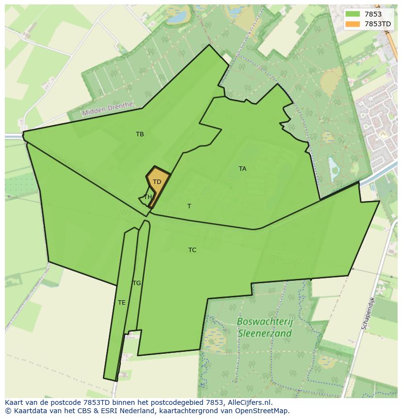 Afbeelding van het postcodegebied 7853 TD op de kaart.
