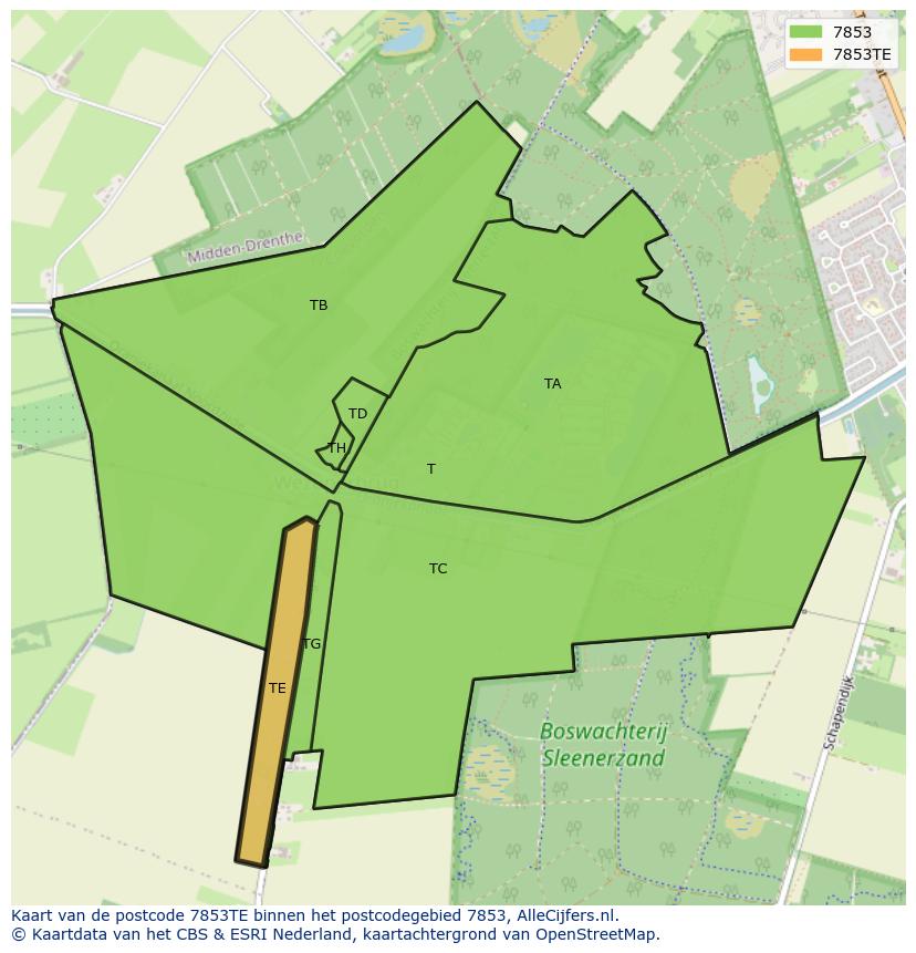 Afbeelding van het postcodegebied 7853 TE op de kaart.