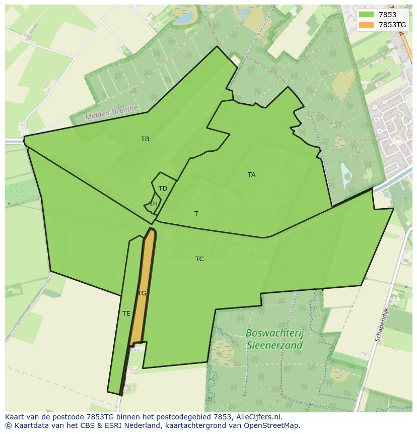 Afbeelding van het postcodegebied 7853 TG op de kaart.