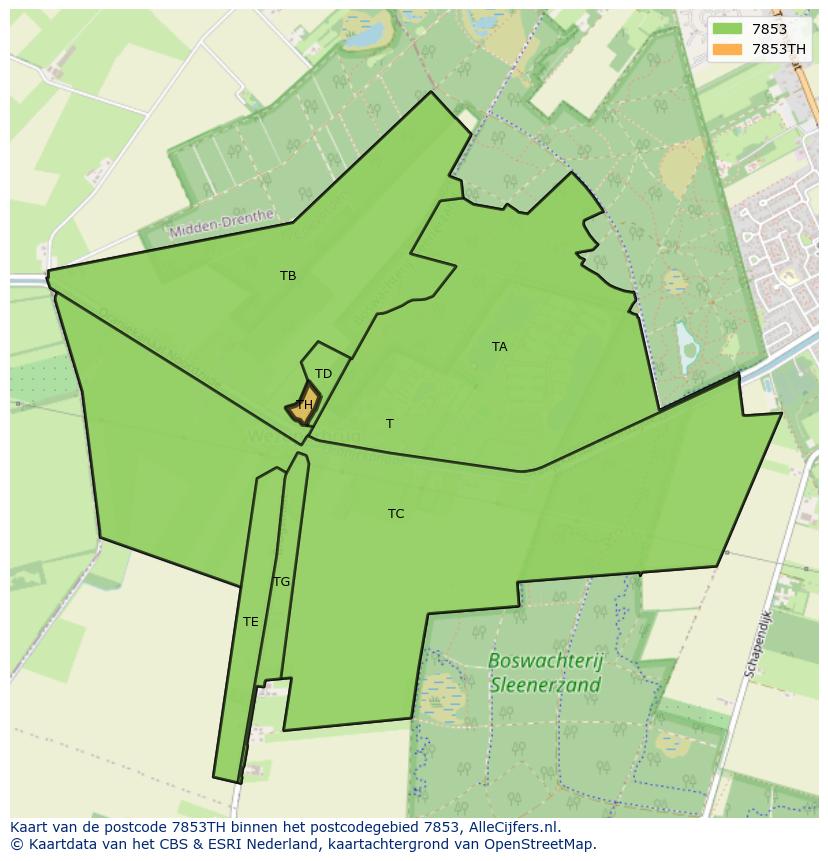 Afbeelding van het postcodegebied 7853 TH op de kaart.