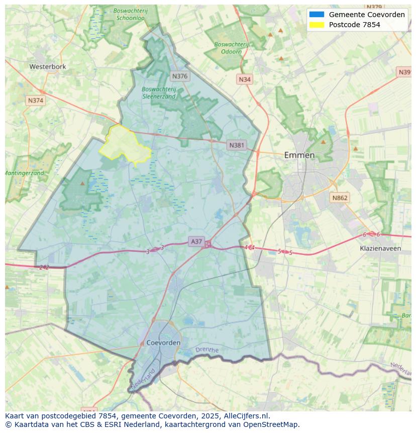 Afbeelding van het postcodegebied 7854 op de kaart.