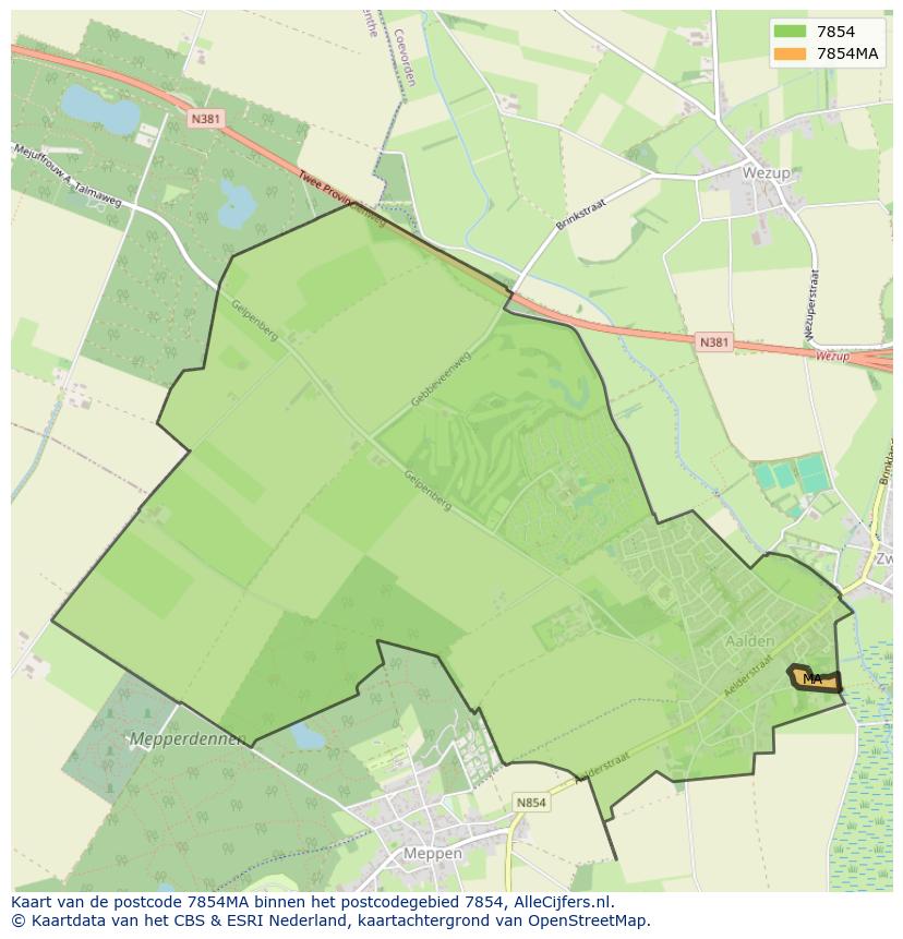 Afbeelding van het postcodegebied 7854 MA op de kaart.