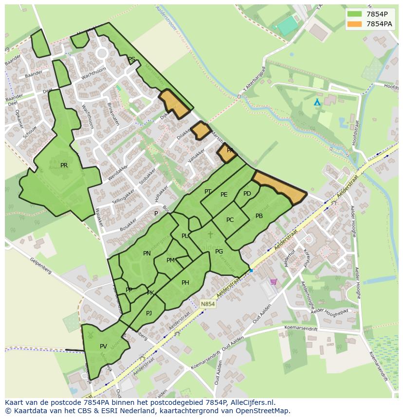 Afbeelding van het postcodegebied 7854 PA op de kaart.
