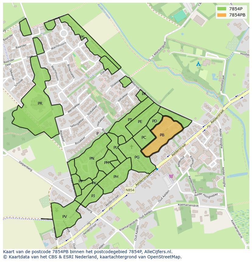 Afbeelding van het postcodegebied 7854 PB op de kaart.