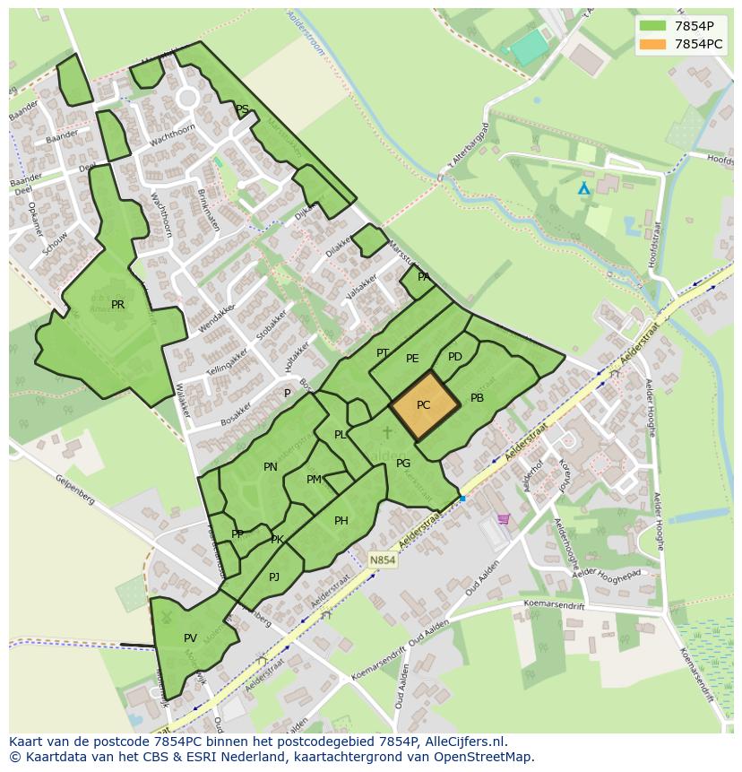 Afbeelding van het postcodegebied 7854 PC op de kaart.