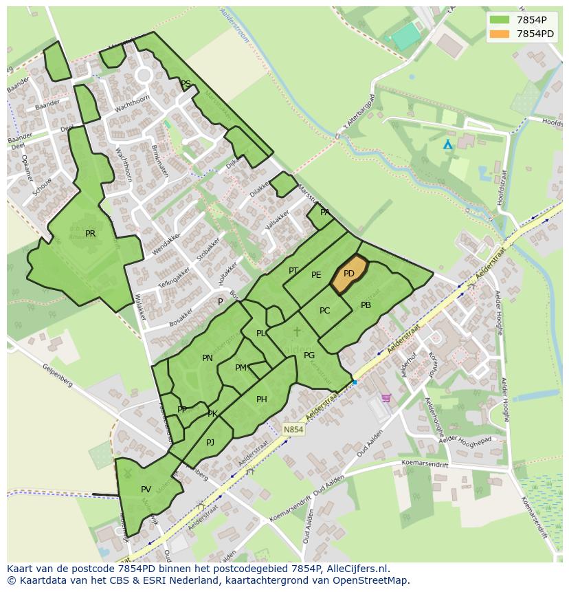 Afbeelding van het postcodegebied 7854 PD op de kaart.