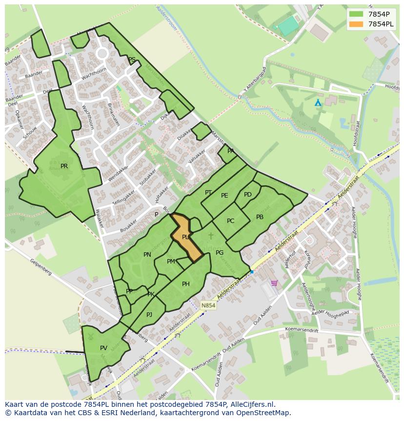 Afbeelding van het postcodegebied 7854 PL op de kaart.