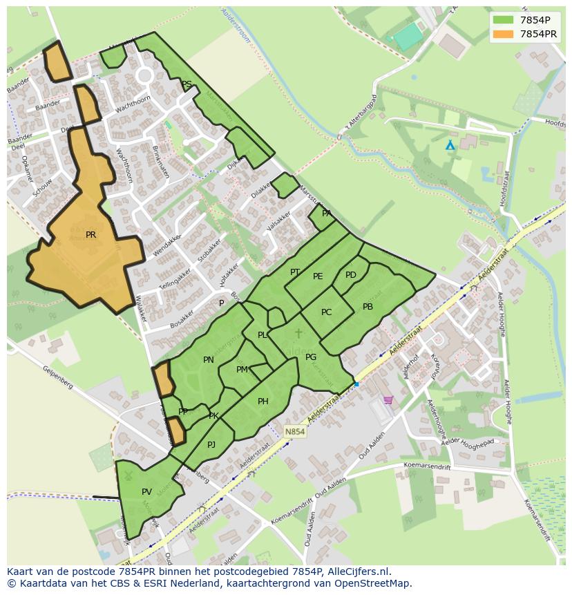 Afbeelding van het postcodegebied 7854 PR op de kaart.