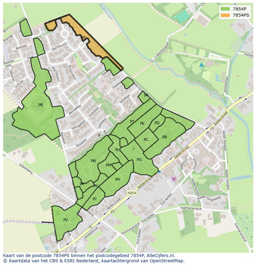 Afbeelding van het postcodegebied 7854 PS op de kaart.