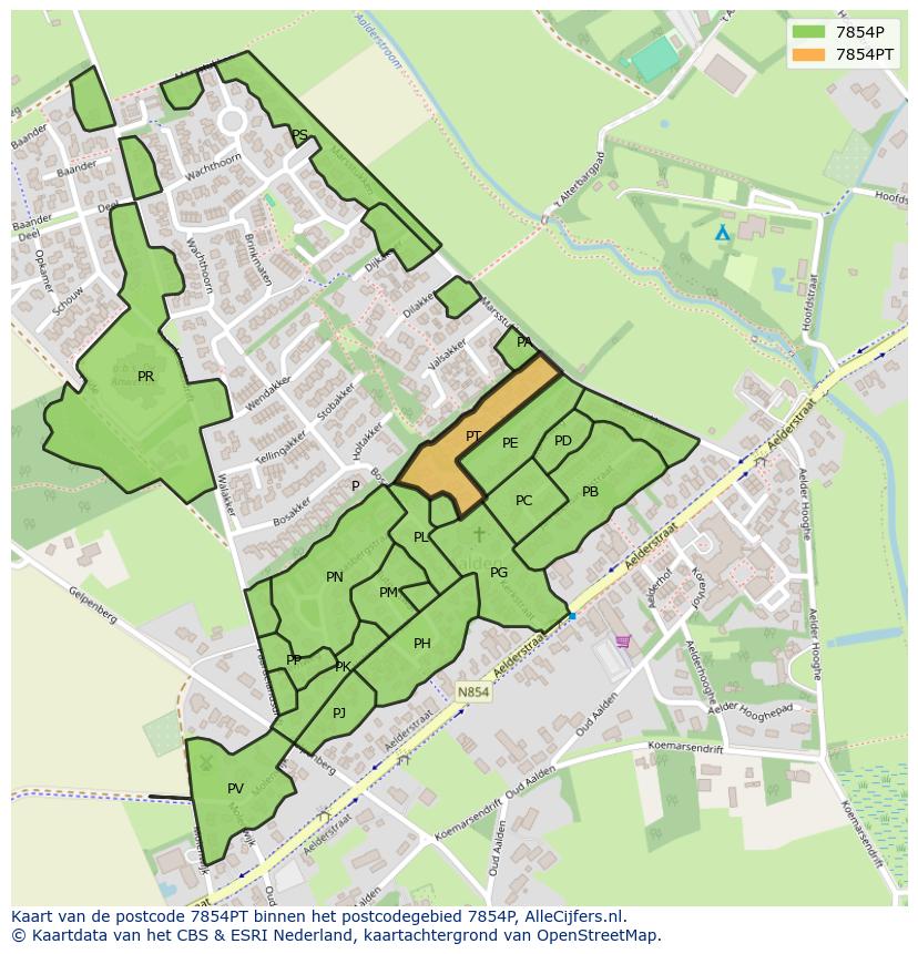 Afbeelding van het postcodegebied 7854 PT op de kaart.