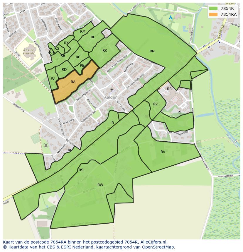 Afbeelding van het postcodegebied 7854 RA op de kaart.